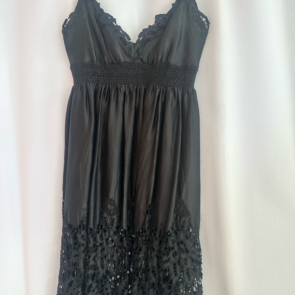 BCBGMaxAzria Black Satin Chemise with Lace and Ruffles